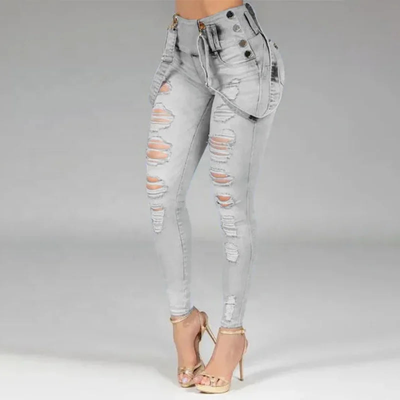 Lacey High Waisted Straight Skinny Stretchy Streetwear Ladies Hole Washed Bandage Denim