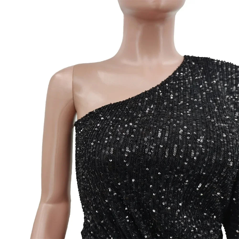 Patchoque Off-Shoulder Dress Solid Color Sequin Anti-Static Cross-Border Dress