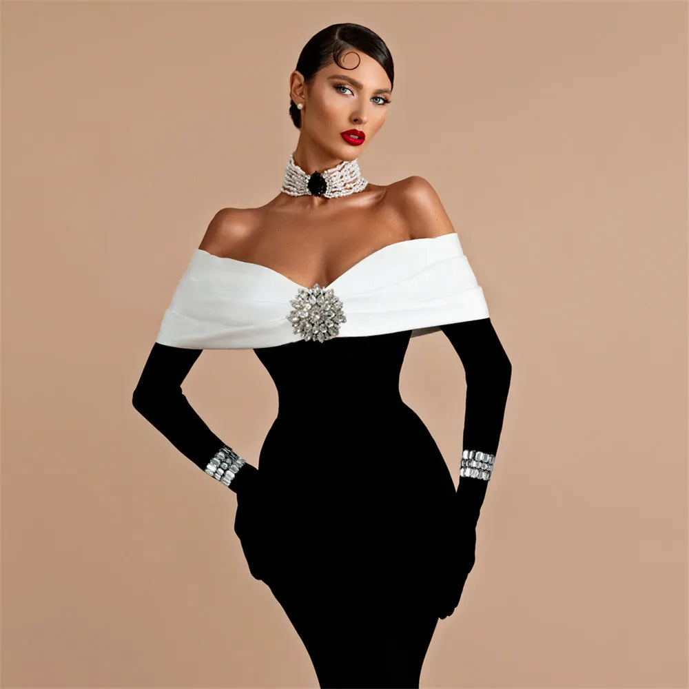 Wharton Sexy Off the Shoulder Bandage Beading Diamond Evening Elegant Dress
