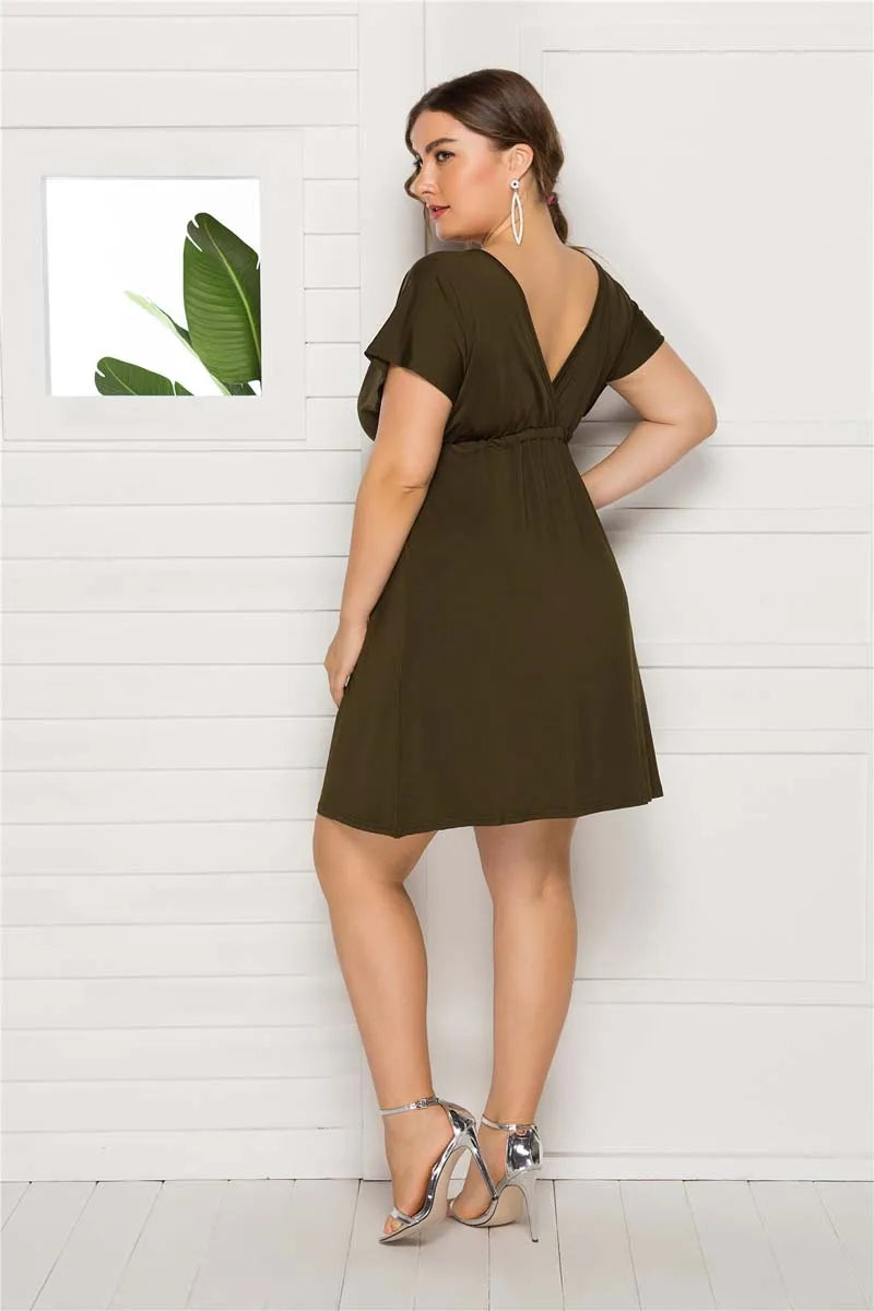 PLUS SIZE V Neck Sleeve Elastic Waist Frenulum Casual Loose Mini Dress