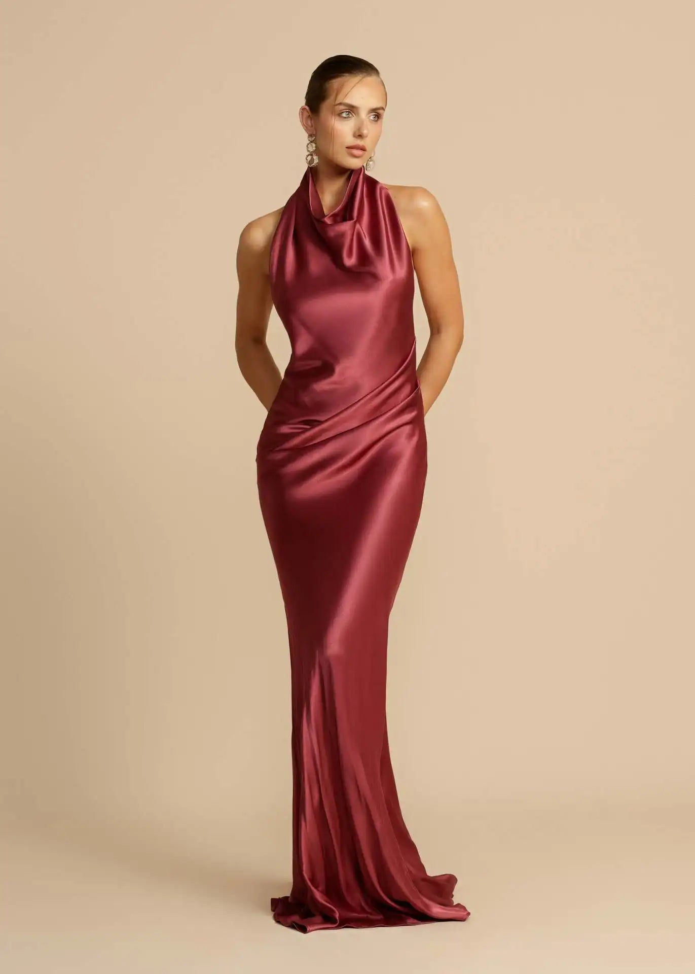 Paramus Casual Solid Color Halter Neck Backless Maxi Satin Elegant Dress