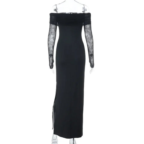 Norwalk Off the Shoulder Long Sleeve Black Lace Tight Waist Maxi Long Dress