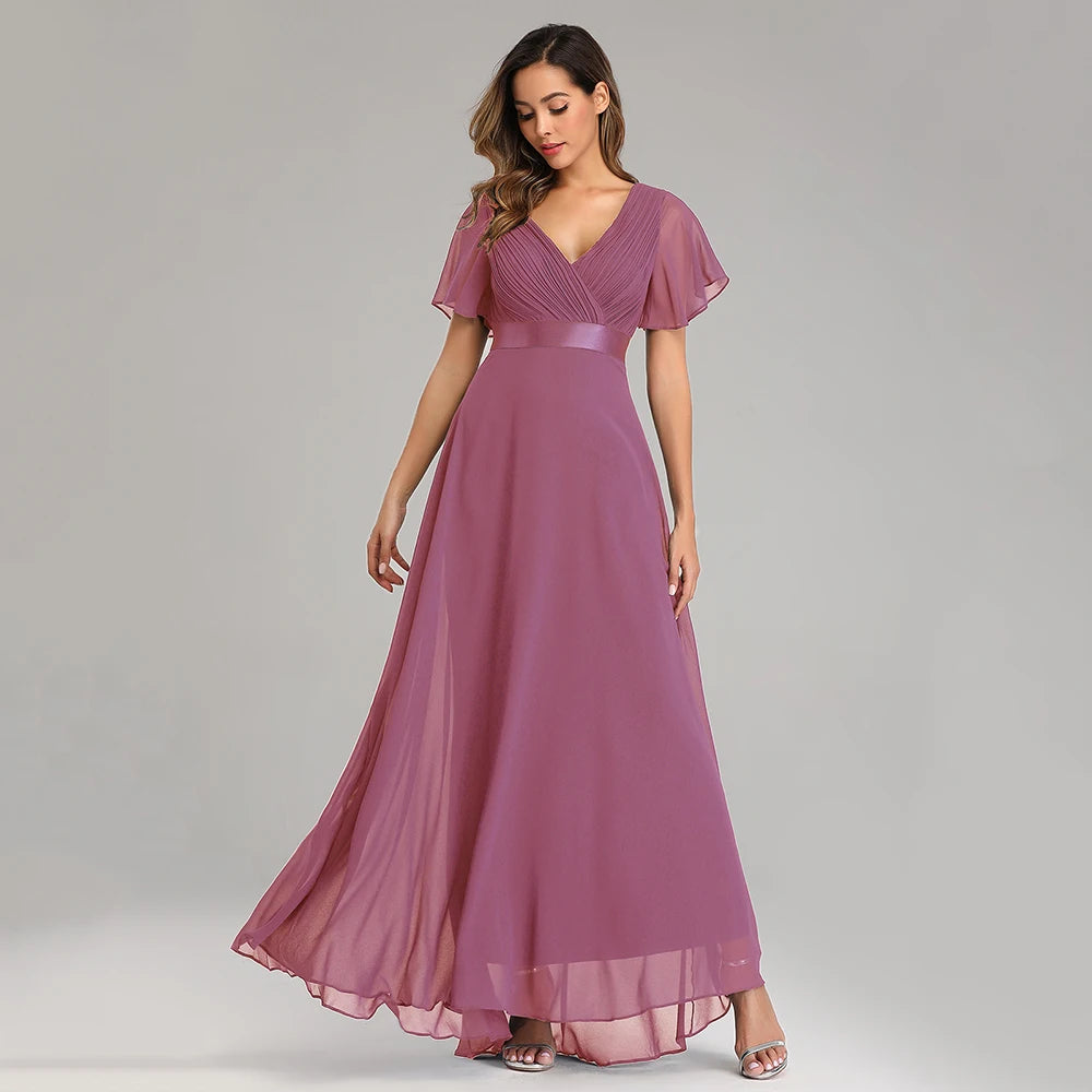 Kerney Elegant V Neck Ruffles Chiffon Formal Evening Gown Dress
