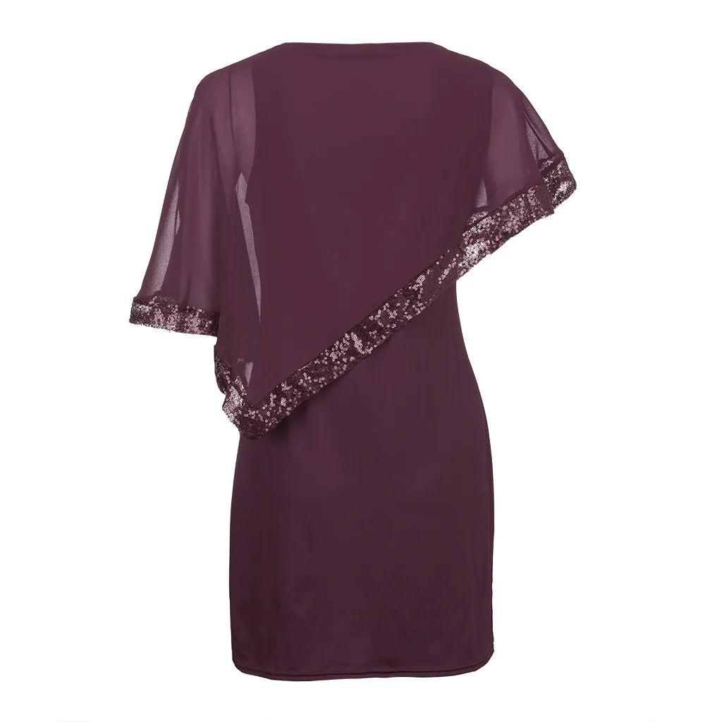 Carolina Plus Size Sexy Cold Shoulder Overlay Asymmetric Chiffon Strapless Sequins Dress