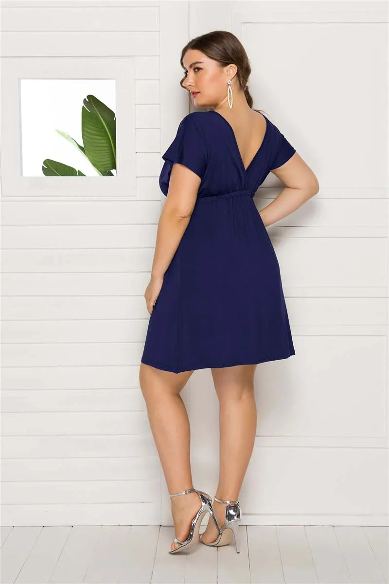 PLUS SIZE V Neck Sleeve Elastic Waist Frenulum Casual Loose Mini Dress