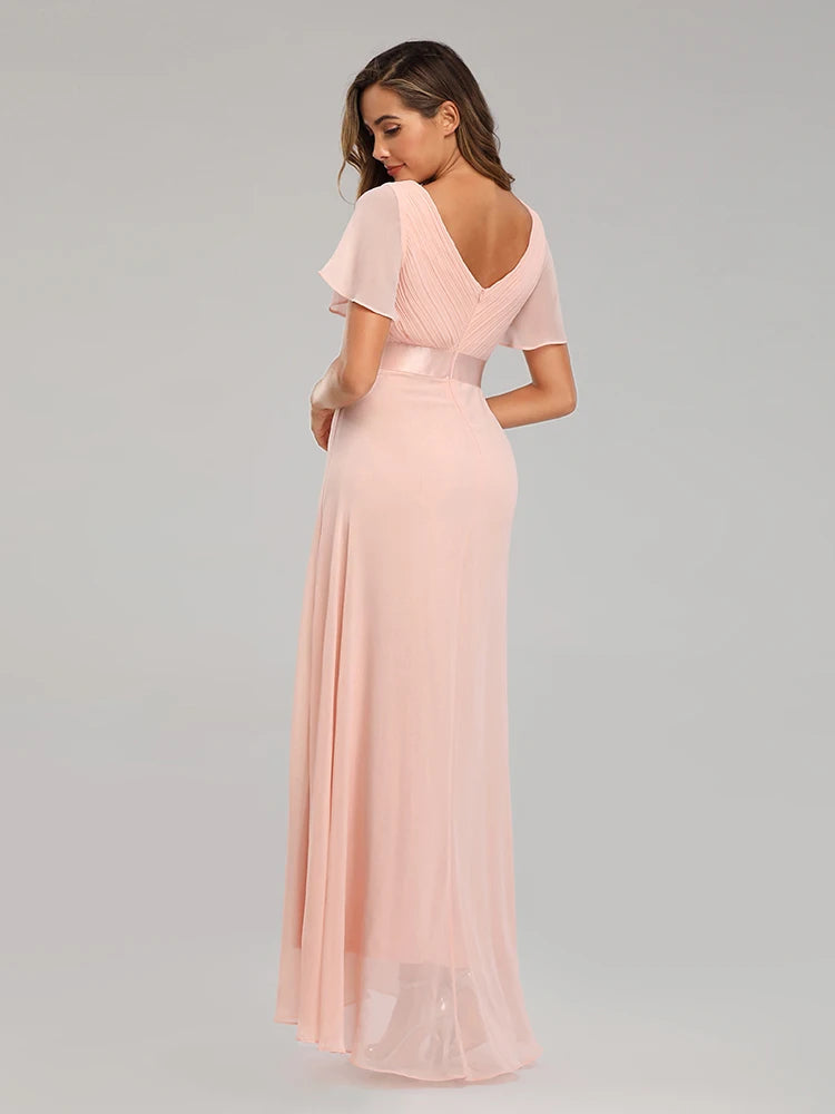 Kerney Elegant V Neck Ruffles Chiffon Formal Evening Gown Dress