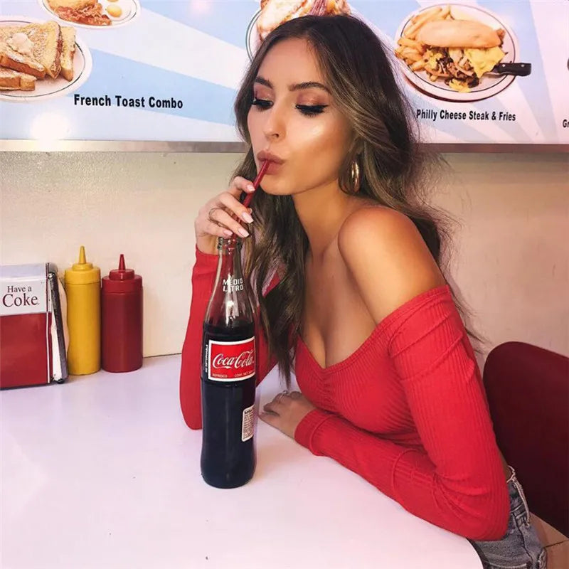 Marte Club Fashion Long Sleeve Off Shoulder Solid Color Blouse