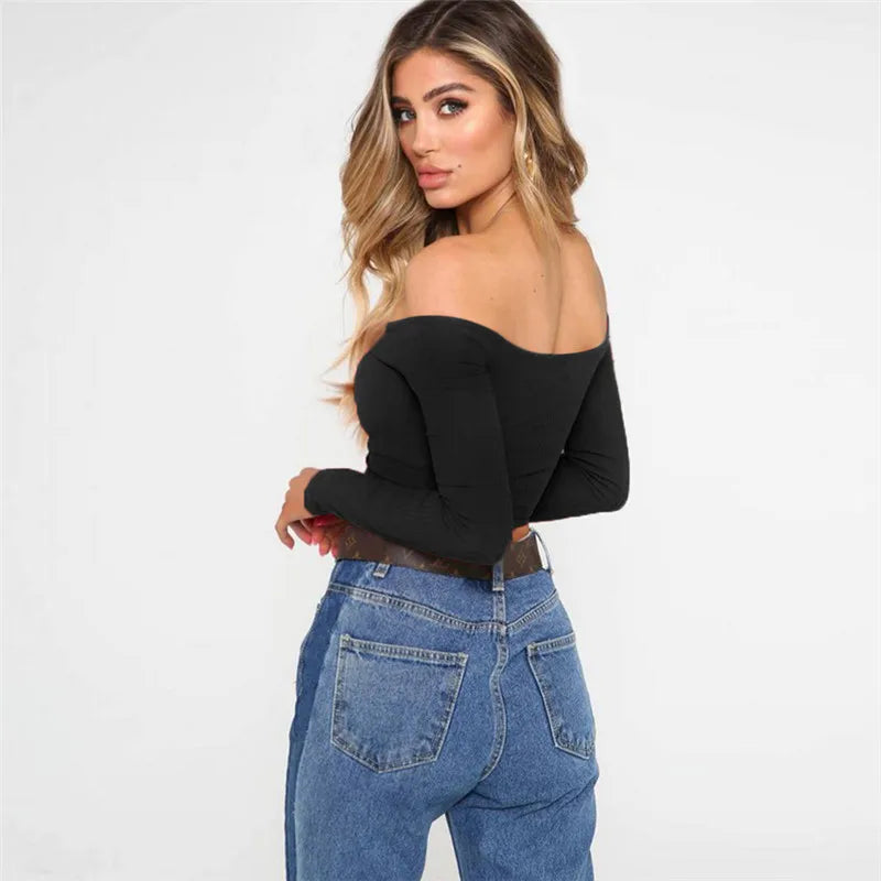 Marte Club Fashion Long Sleeve Off Shoulder Solid Color Blouse