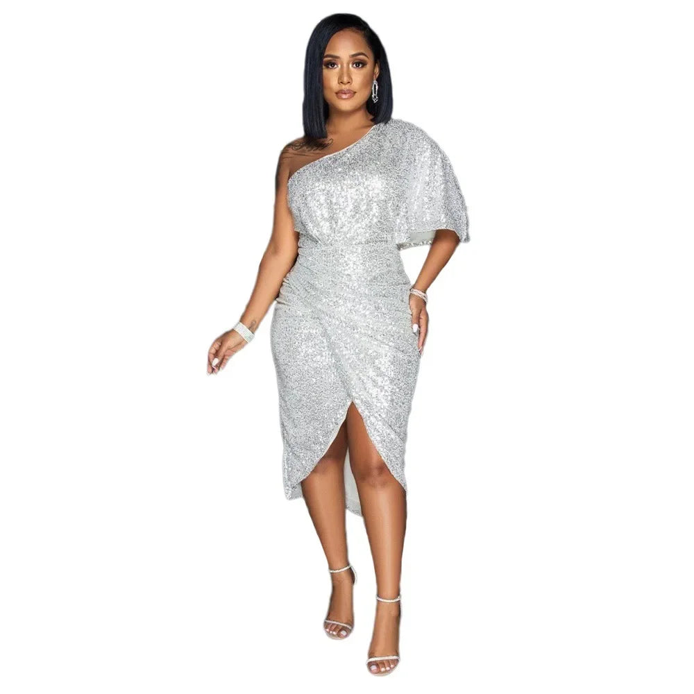Patchoque Off-Shoulder Dress Solid Color Sequin Anti-Static Cross-Border Dress