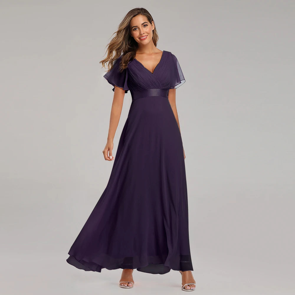 Kerney Elegant V Neck Ruffles Chiffon Formal Evening Gown Dress