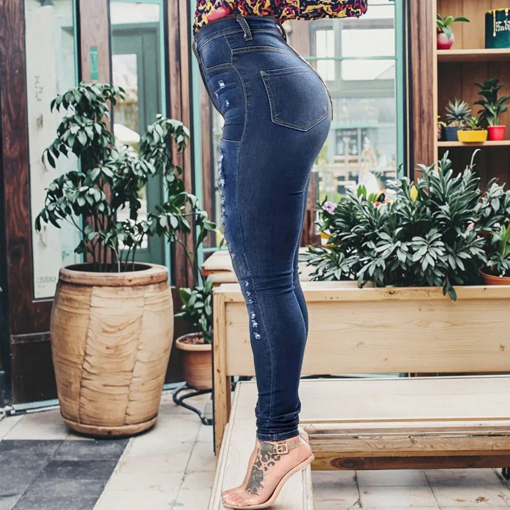 Port Jervis High Waist Stretchy Casual Navy Long Legging Ripped Skinny Pencil Denim Jeans