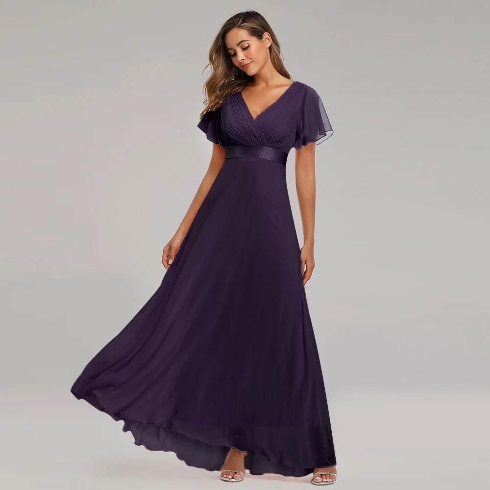 Kerney Elegant V Neck Ruffles Chiffon Formal Evening Gown Dress