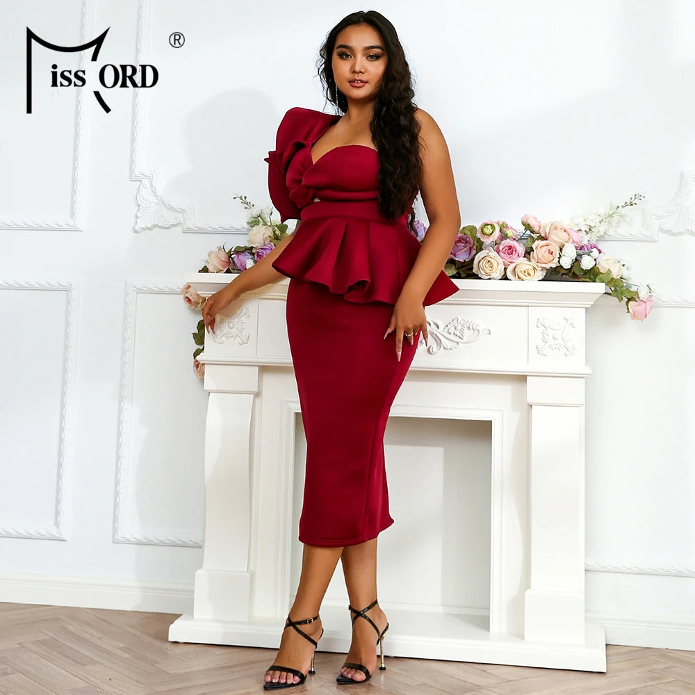 Missoury Red Knitted Midi Plus Size Elegant One Shoulder Sleeveless Ruffles Bodycon Dress