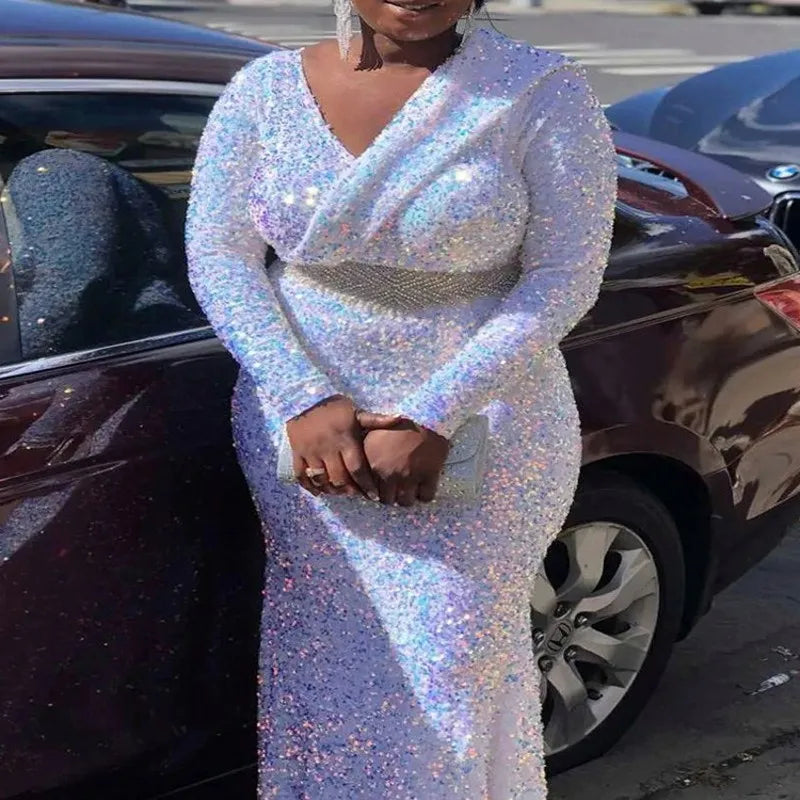 Barahona Plus Size White Sequin Long Elegant Wedding Dinner Formal Dress