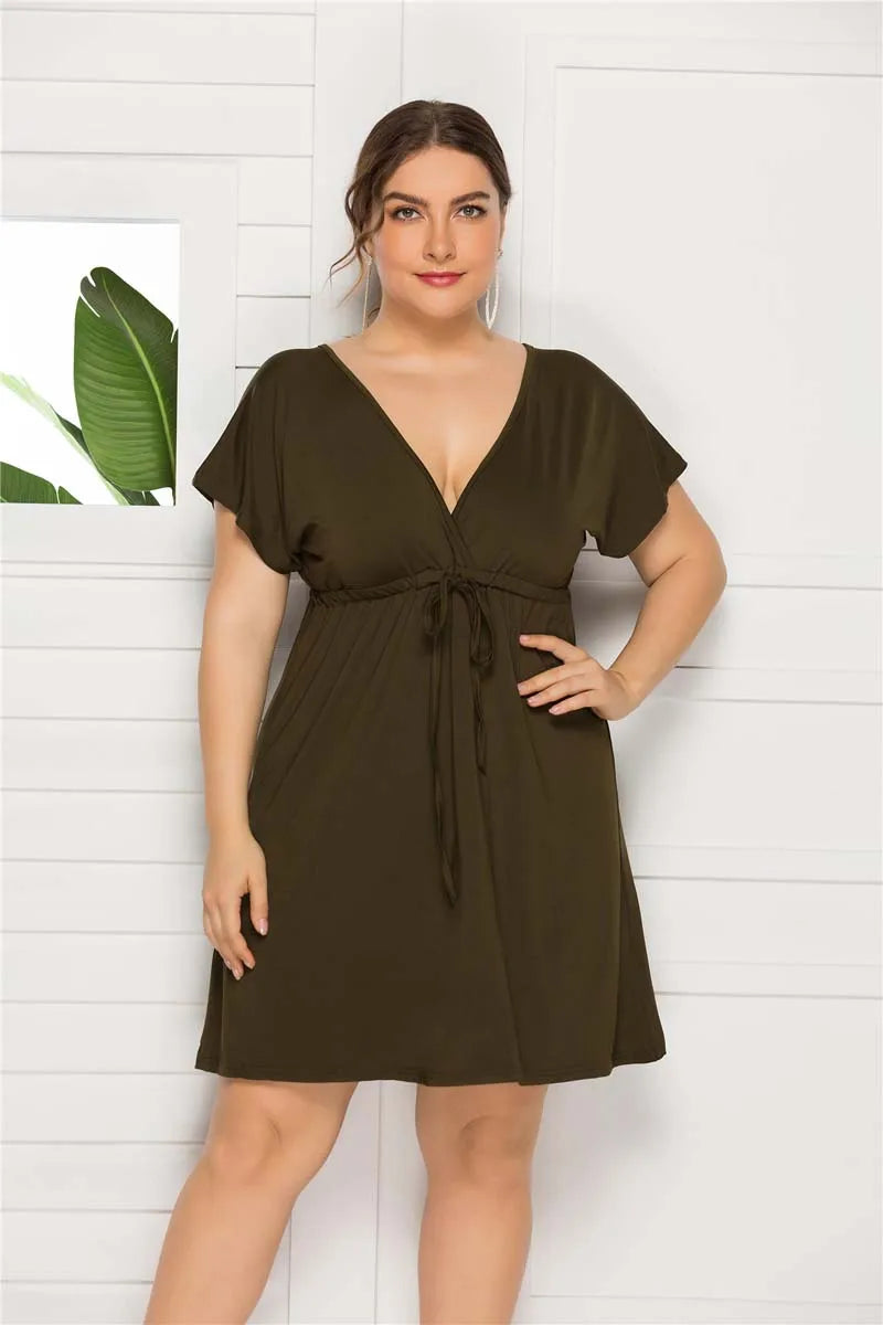 PLUS SIZE V Neck Sleeve Elastic Waist Frenulum Casual Loose Mini Dress