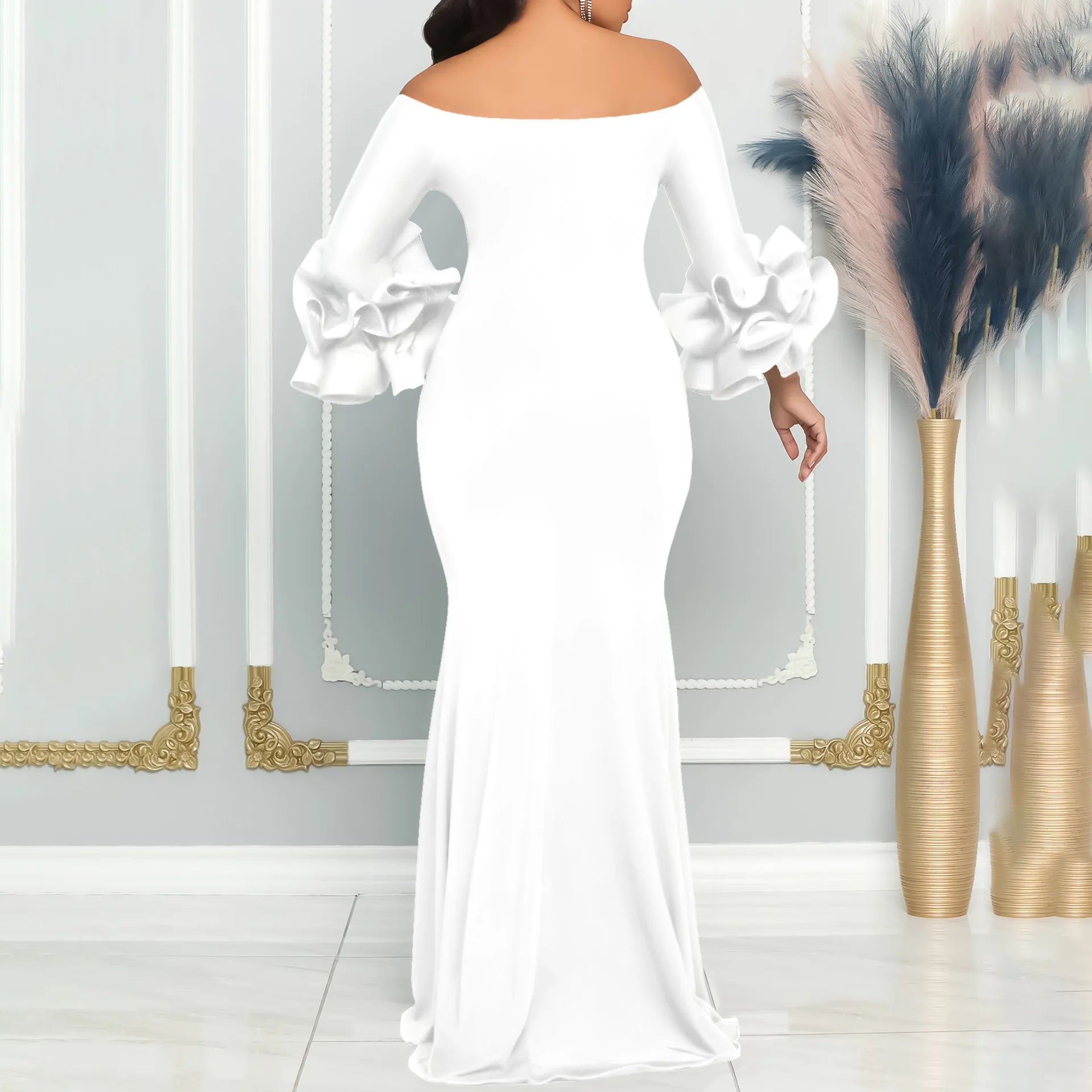 Saddle River Elegant Evening Sexy One Shoulder Ruffle Sleeve Split Long Dress