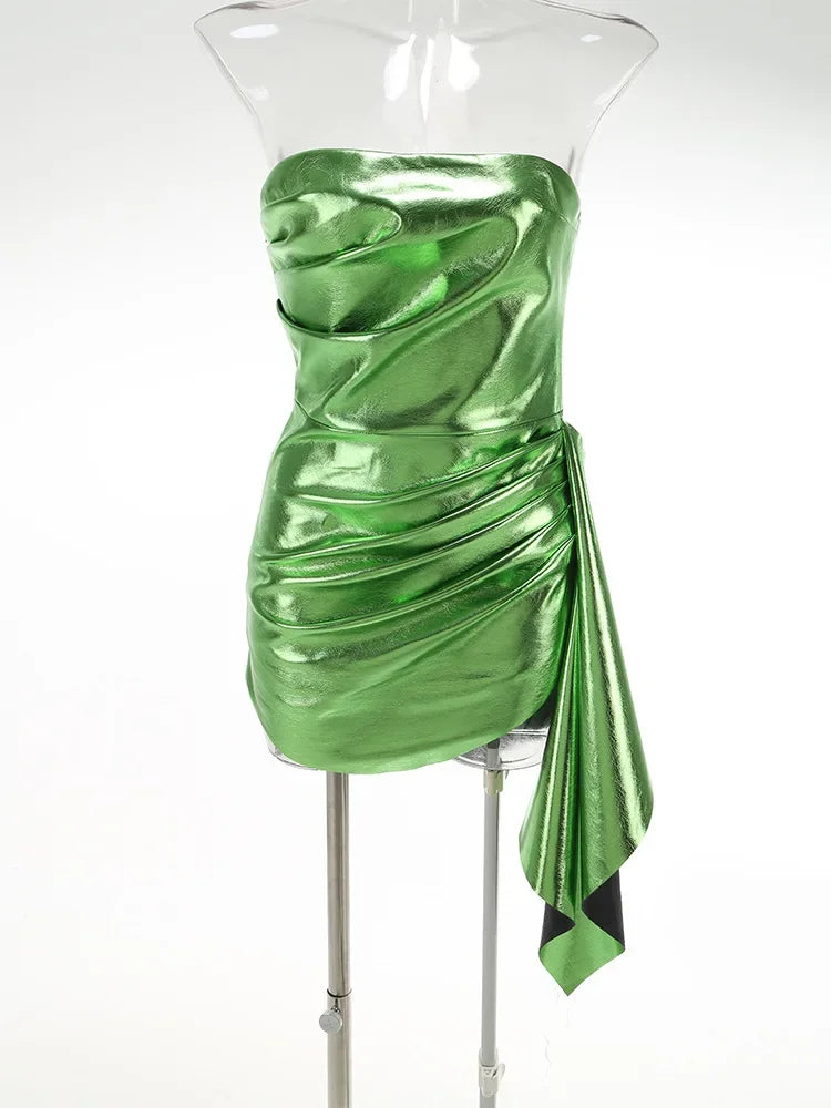 Massapequa Off Shoulder Strapless Pleated Ribbon Banquet PU Leather Bodycon Dress