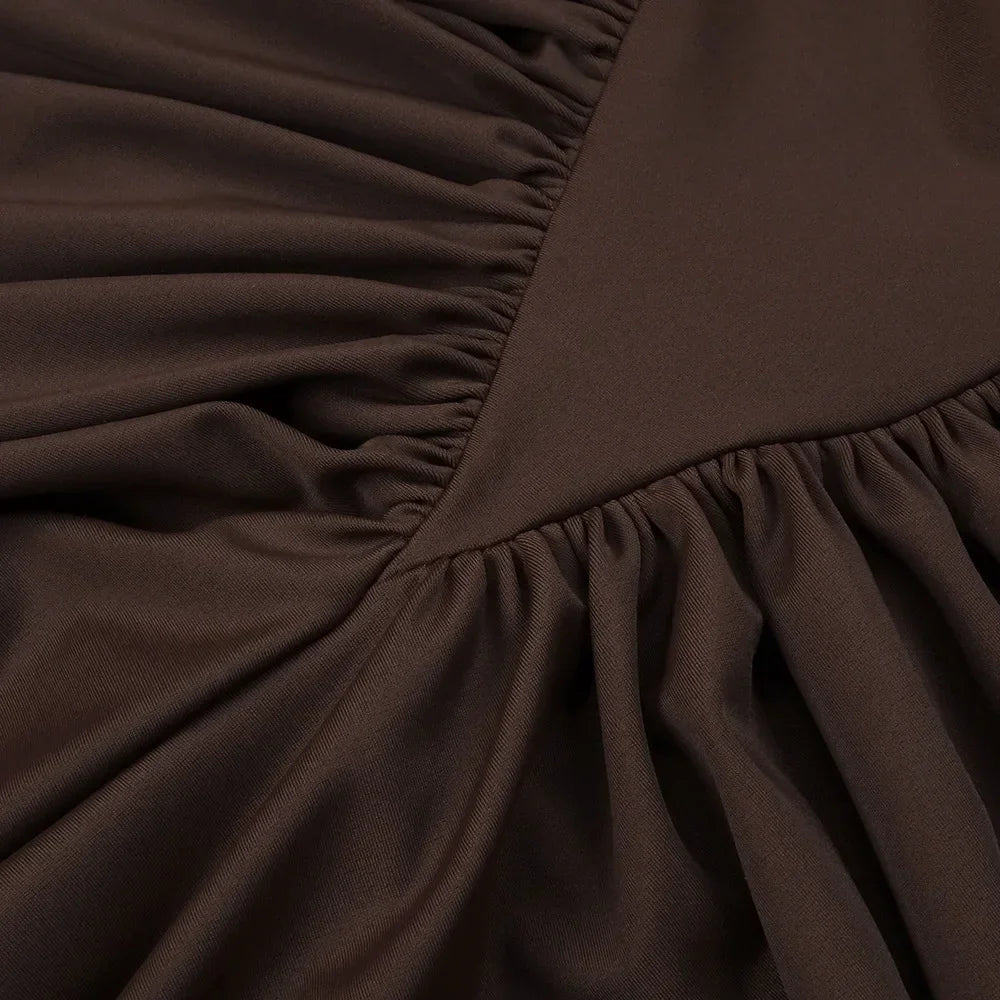 Conowingo Luxury Dark Brown High-Neck Padded Shoulder with Cutout Maxi Dress