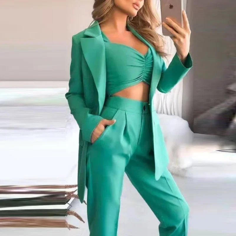 Roosy Vintage Elegant Solid V-Neck Casual 3 Piece Set