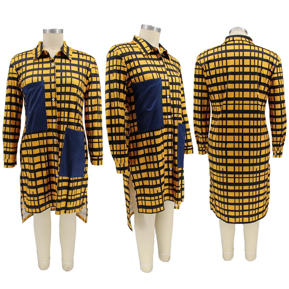 Kentucky Buttons Casual Long Sleeve Loose Office Lady Plaid Midi Dress