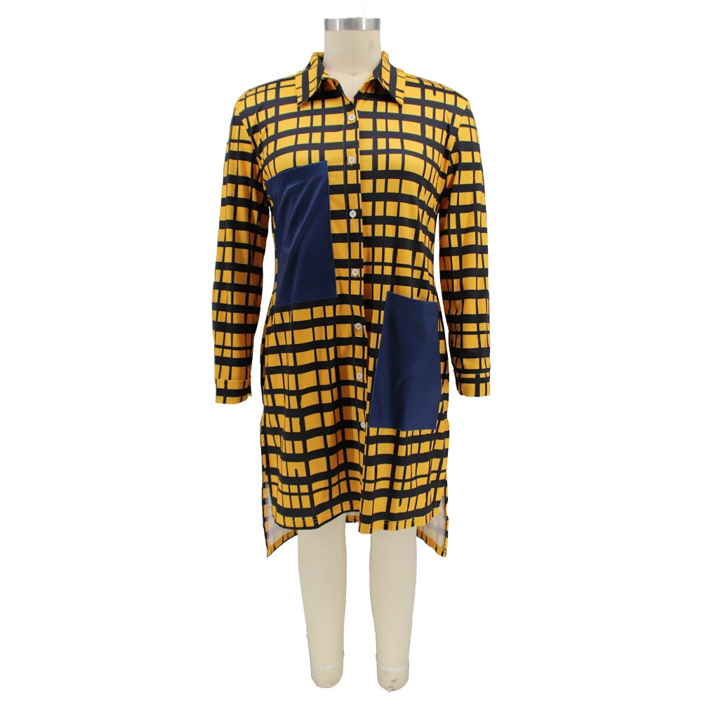 Kentucky Buttons Casual Long Sleeve Loose Office Lady Plaid Midi Dress