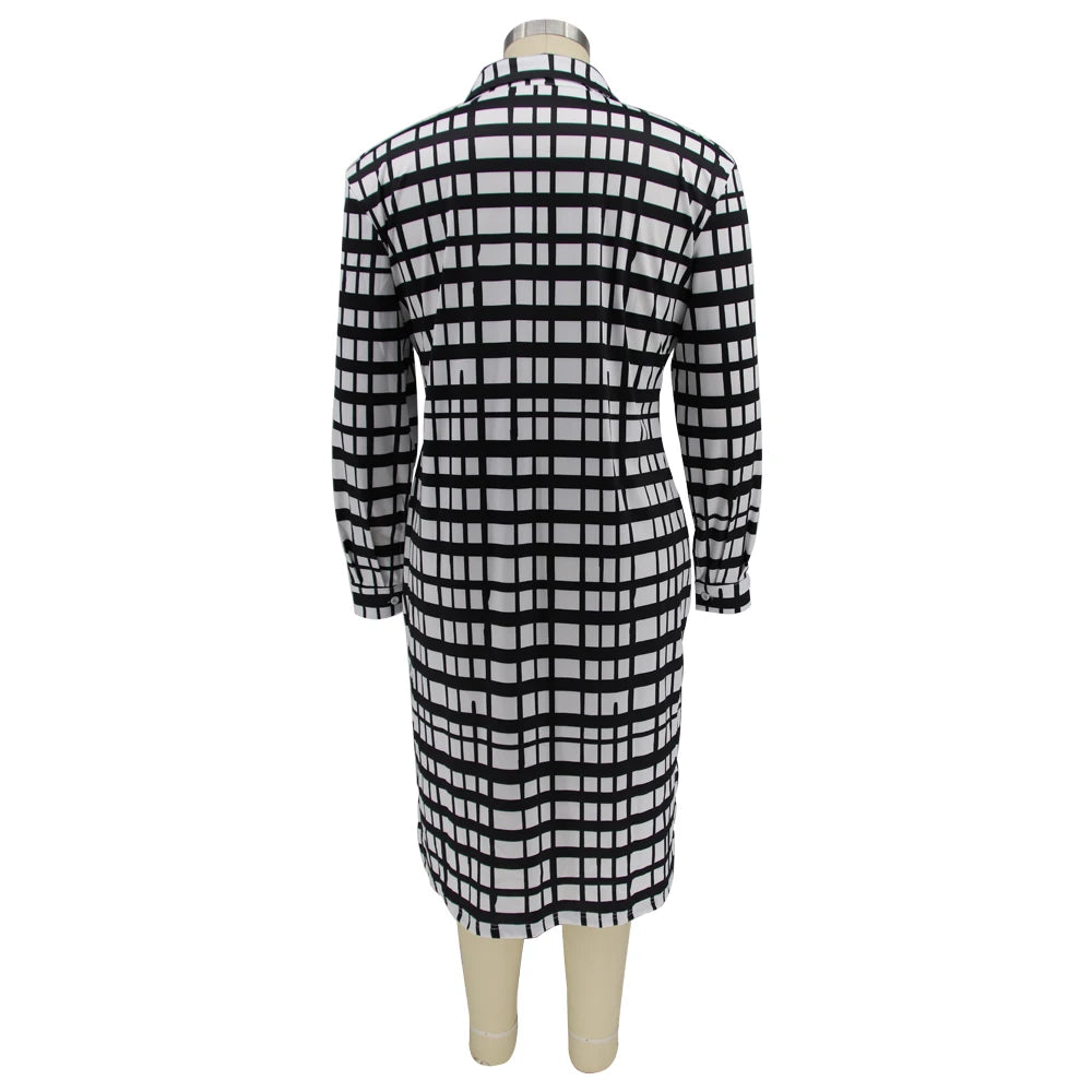Kentucky Buttons Casual Long Sleeve Loose Office Lady Plaid Midi Dress