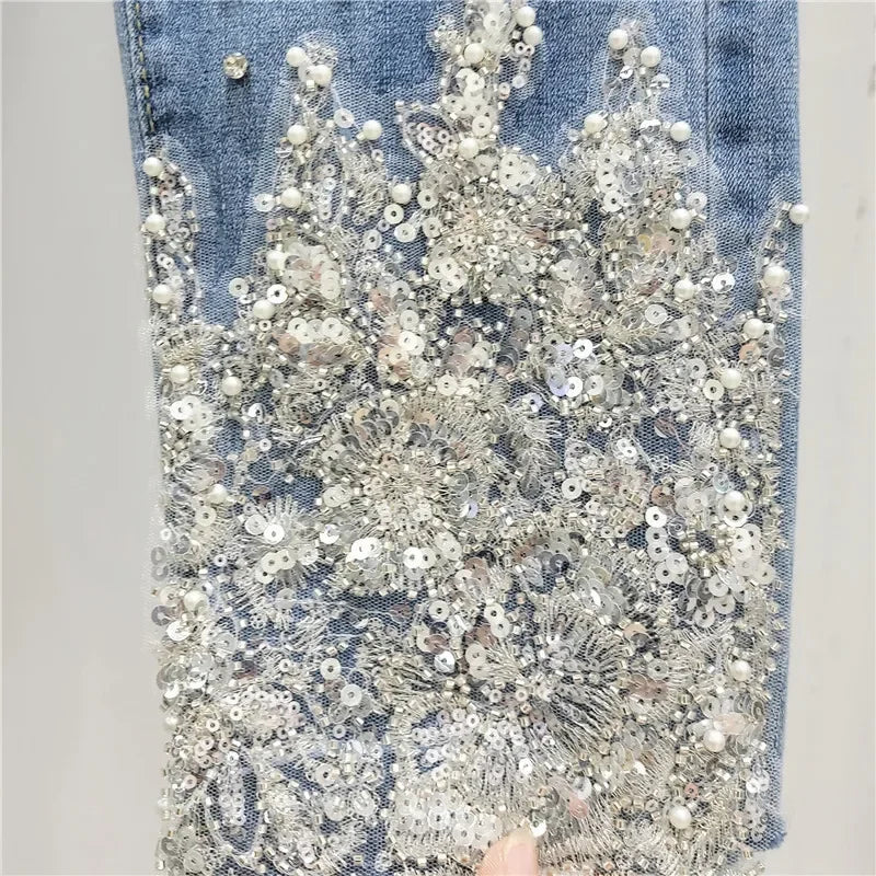Mystic Island Elegant Casual Heavy Industry Nail Bead Sequin Lace Hollow Jeans