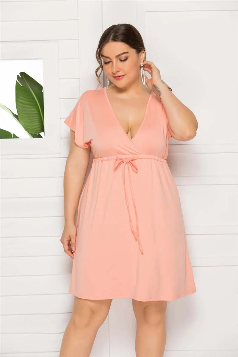 PLUS SIZE V Neck Sleeve Elastic Waist Frenulum Casual Loose Mini Dress