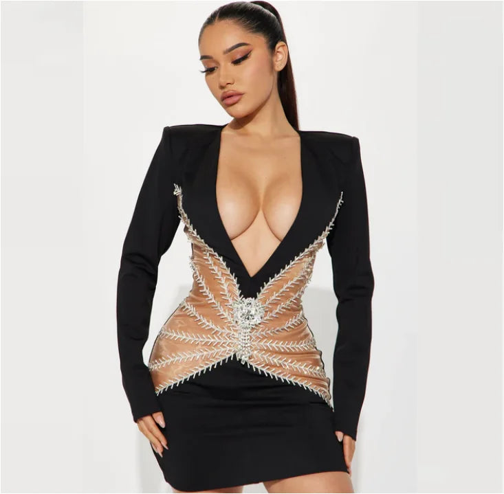 Cedar Knolls Elegant Black Bodycon Long Sleeve Bandage Patchwork Deep V-Neck Dress