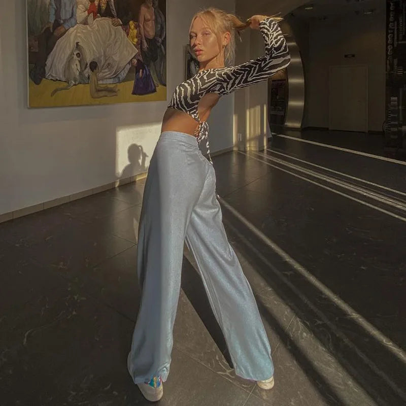 Saturn Sexy Backless Lace ups Pullover Black O Neck Slim Long Sleeve Tops