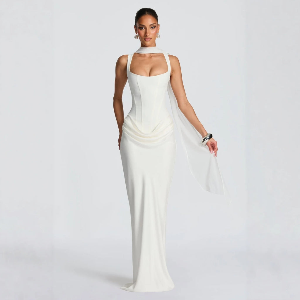 Bullshead Elegant Lady Pleated Sling Solid Sleeveless Off Shoulder Waist Dress