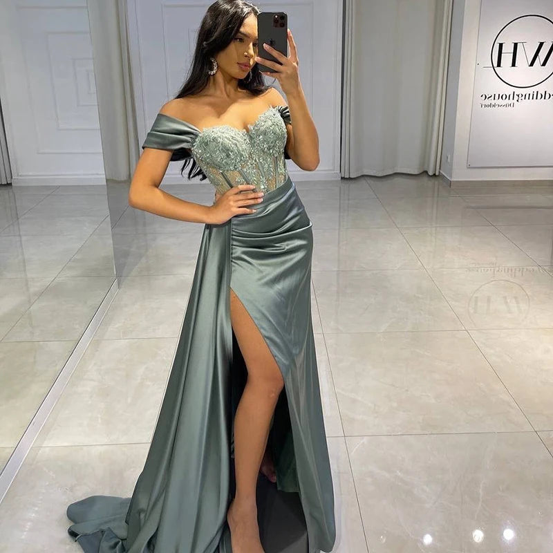 La Vega Long Off the Shoulder Party Appliques High Split Cocktail Gown Dress