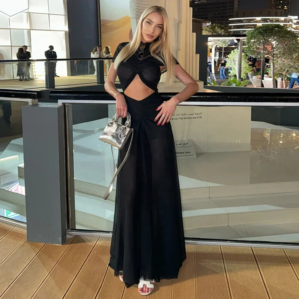 Aberdeen Elegant Hollow-out Pleated Mesh Evening Party Dress