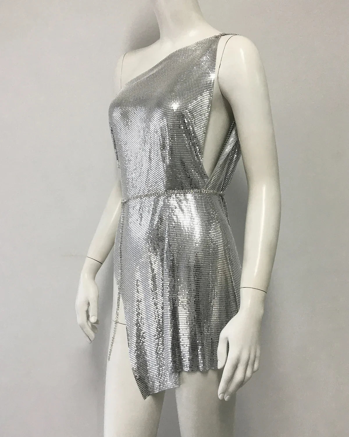 Drexel Hill Metal Fashion Oblique Collar Sequin Slip Anti-Wrinkle Mini Dress