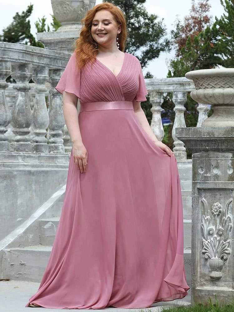 Detroit Plus Size Evening Long Elegant A Line V Neck Ruffles Chiffon Formal Dress