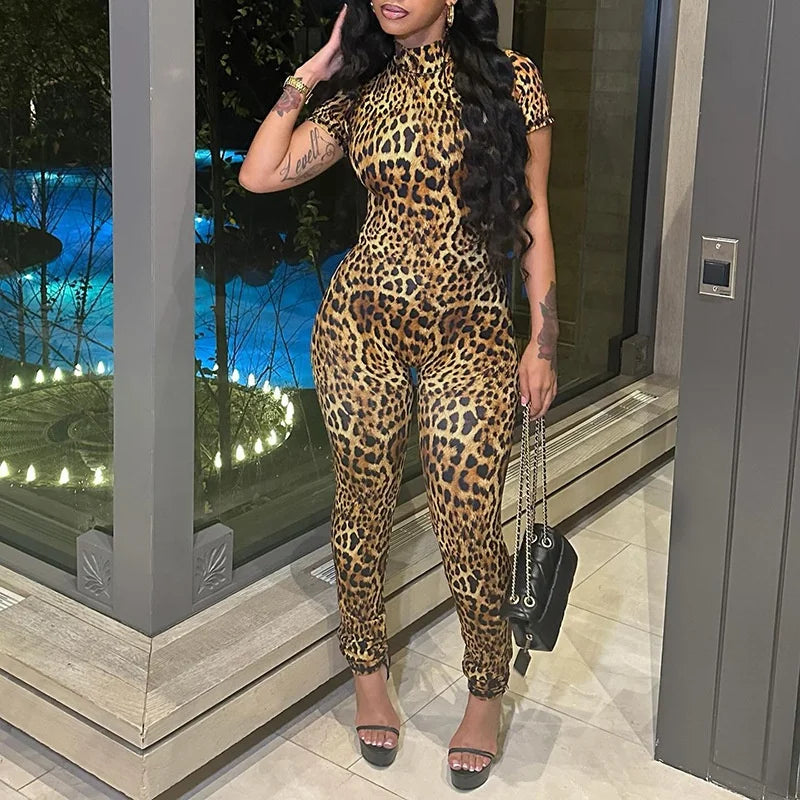 New Haven Tight Sleeve Fashion Leopard Print Backless Jumpsuits