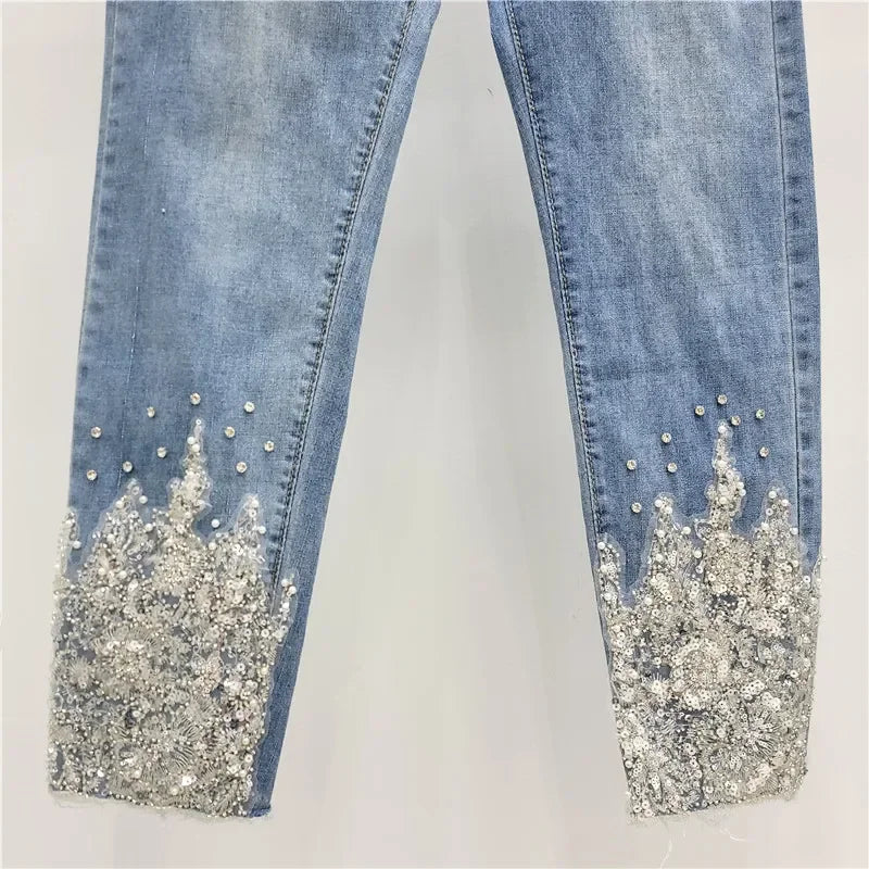 Mystic Island Elegant Casual Heavy Industry Nail Bead Sequin Lace Hollow Jeans