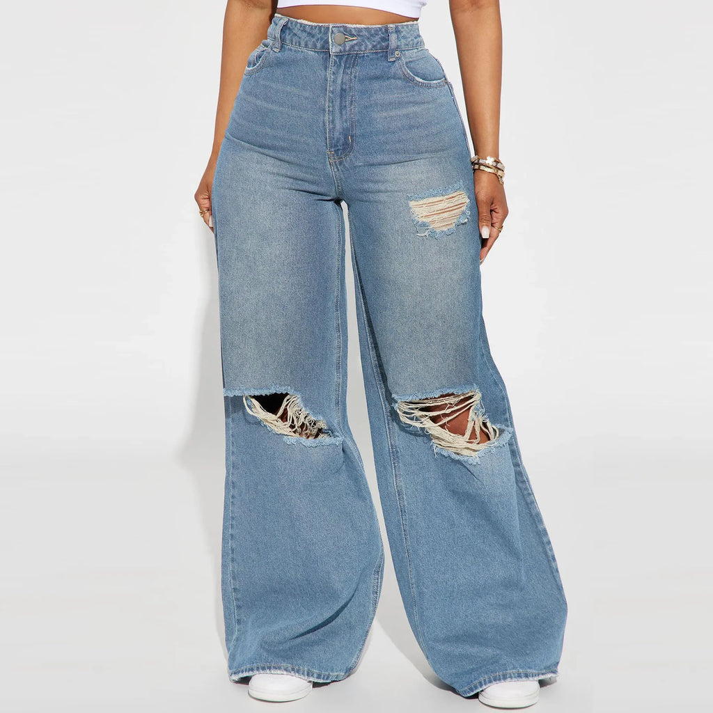 Phoenixville High-Waisted Wide-Leg Ripped Fabric Dark Wash Casual Jeans Denim