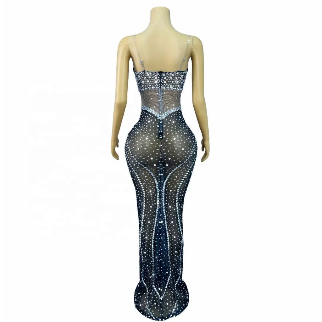 Allamuchy  Elegant Floor Length Bodycon Off-The-Shoulder Crystal Illusion Dress