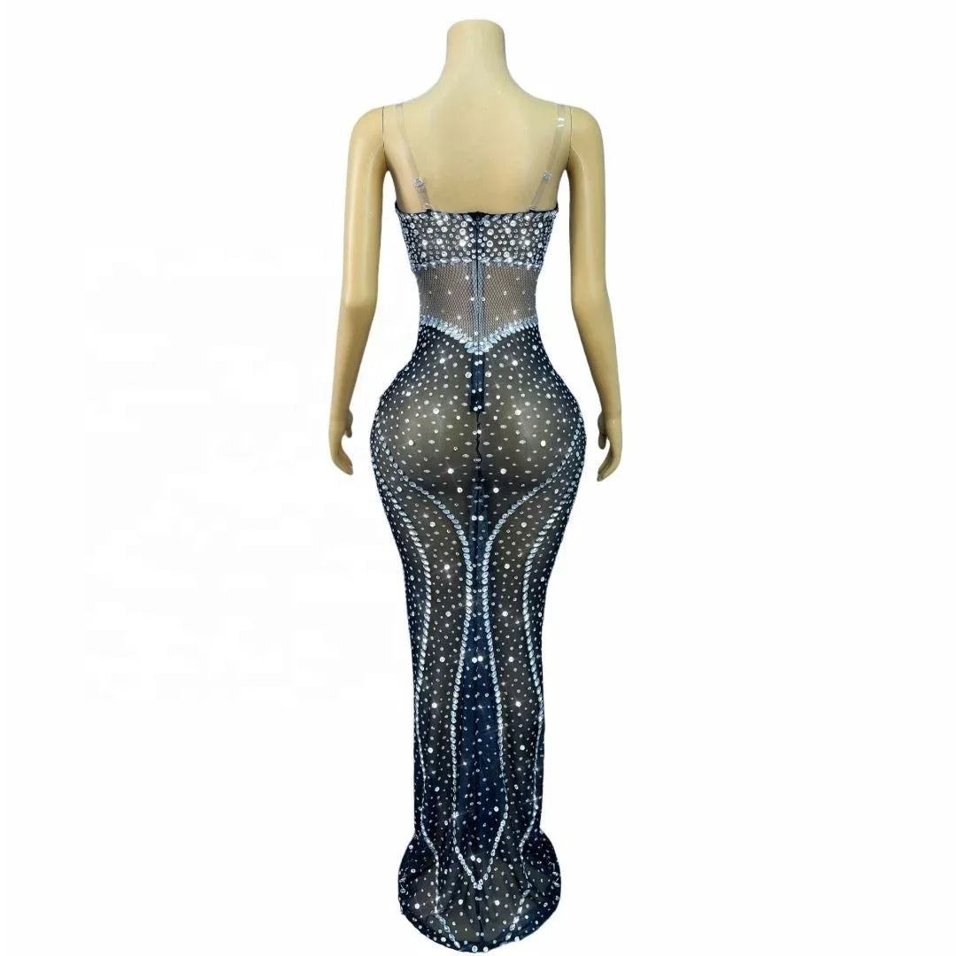 Allamuchy  Elegant Floor Length Bodycon Off-The-Shoulder Crystal Illusion Dress