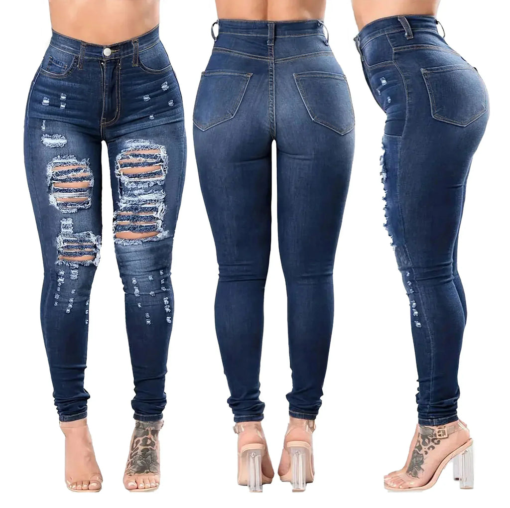 Port Jervis High Waist Stretchy Casual Navy Long Legging Ripped Skinny Pencil Denim Jeans