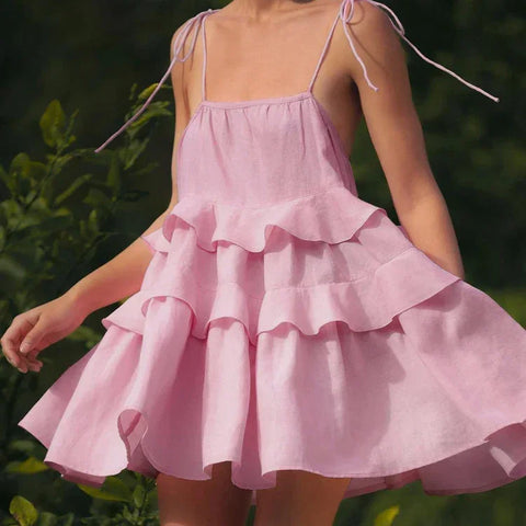 Union Solid Color Cotton Spaghetti Strap Slip Layered Ruffle Dress