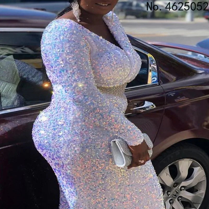Barahona Plus Size White Sequin Long Elegant Wedding Dinner Formal Dress