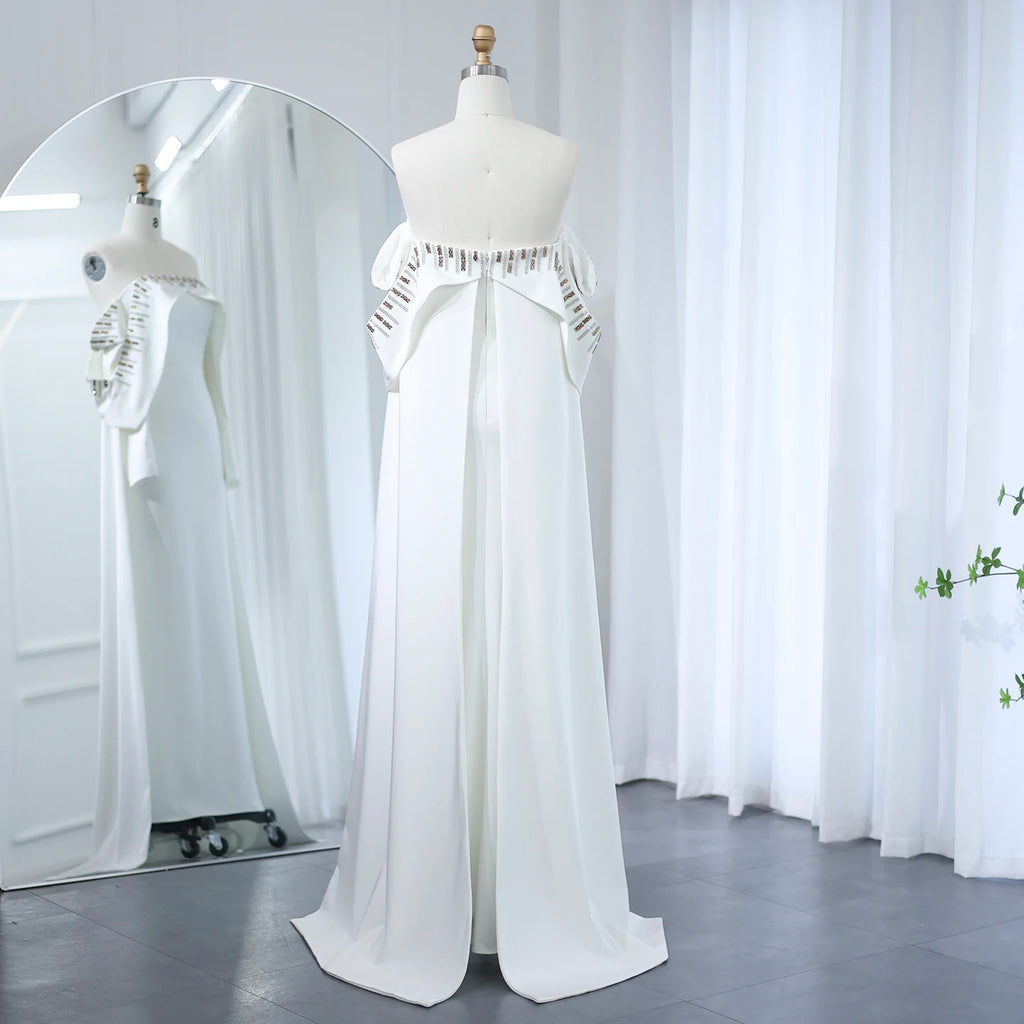 White Satin Mermaid Simple Arabic Design 3D Natural Pleats Feathers Wedding Dress