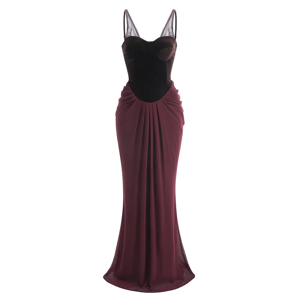 Doodletown Elegant Evening Party Gowns Mesh Straps Velvet Patchwork Long Maxi Dress