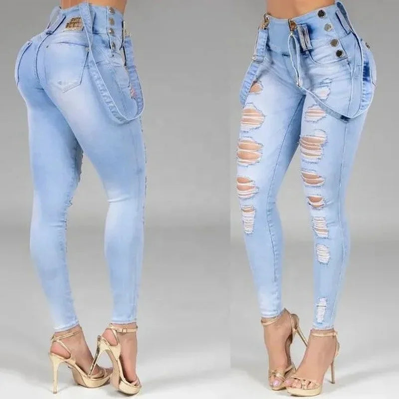 Lacey High Waisted Straight Skinny Stretchy Streetwear Ladies Hole Washed Bandage Denim