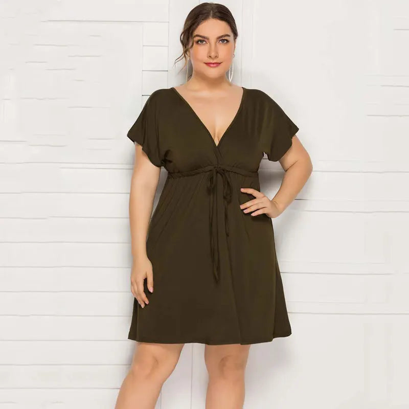 PLUS SIZE V Neck Sleeve Elastic Waist Frenulum Casual Loose Mini Dress