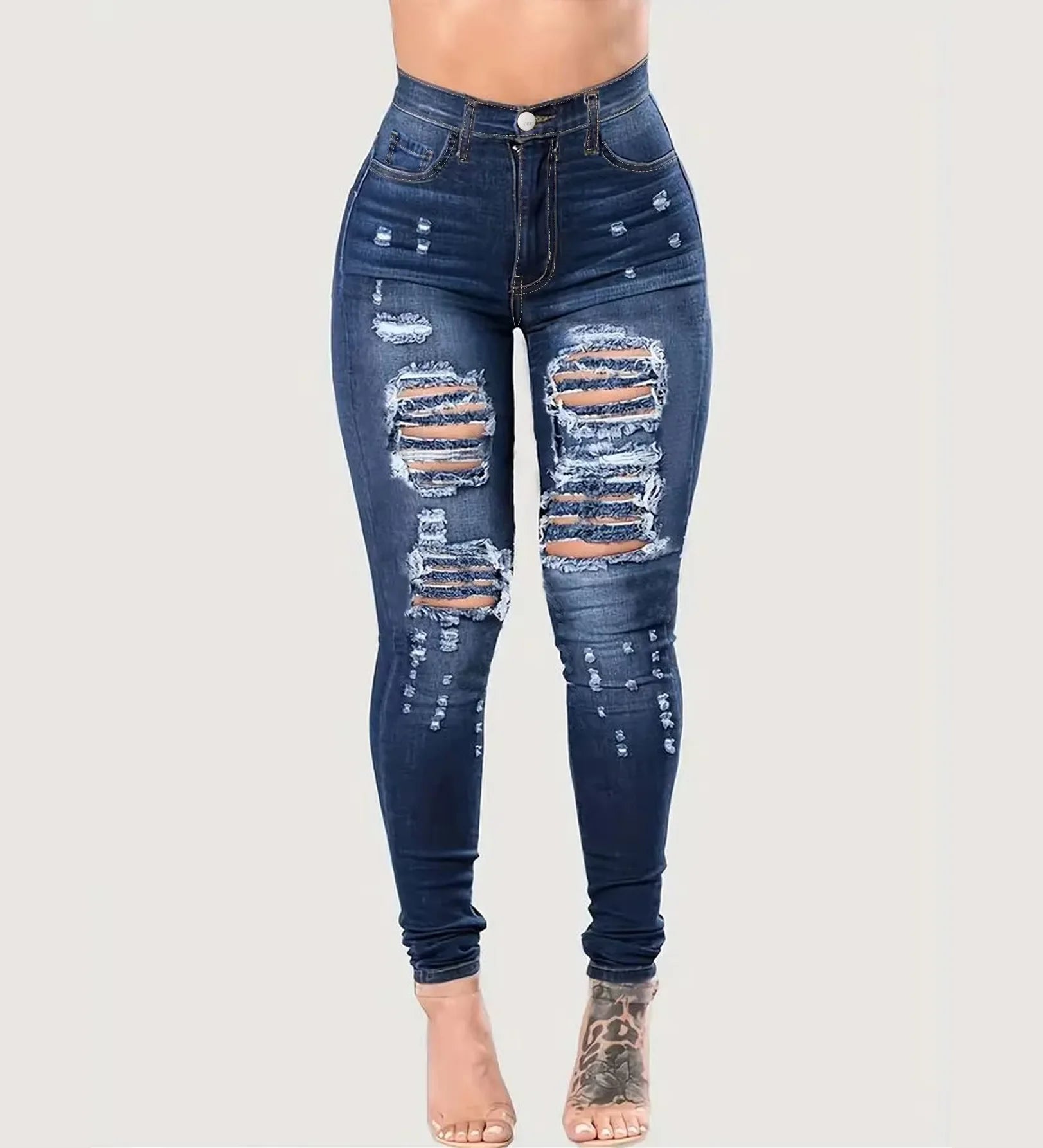 Port Jervis High Waist Stretchy Casual Navy Long Legging Ripped Skinny Pencil Denim Jeans