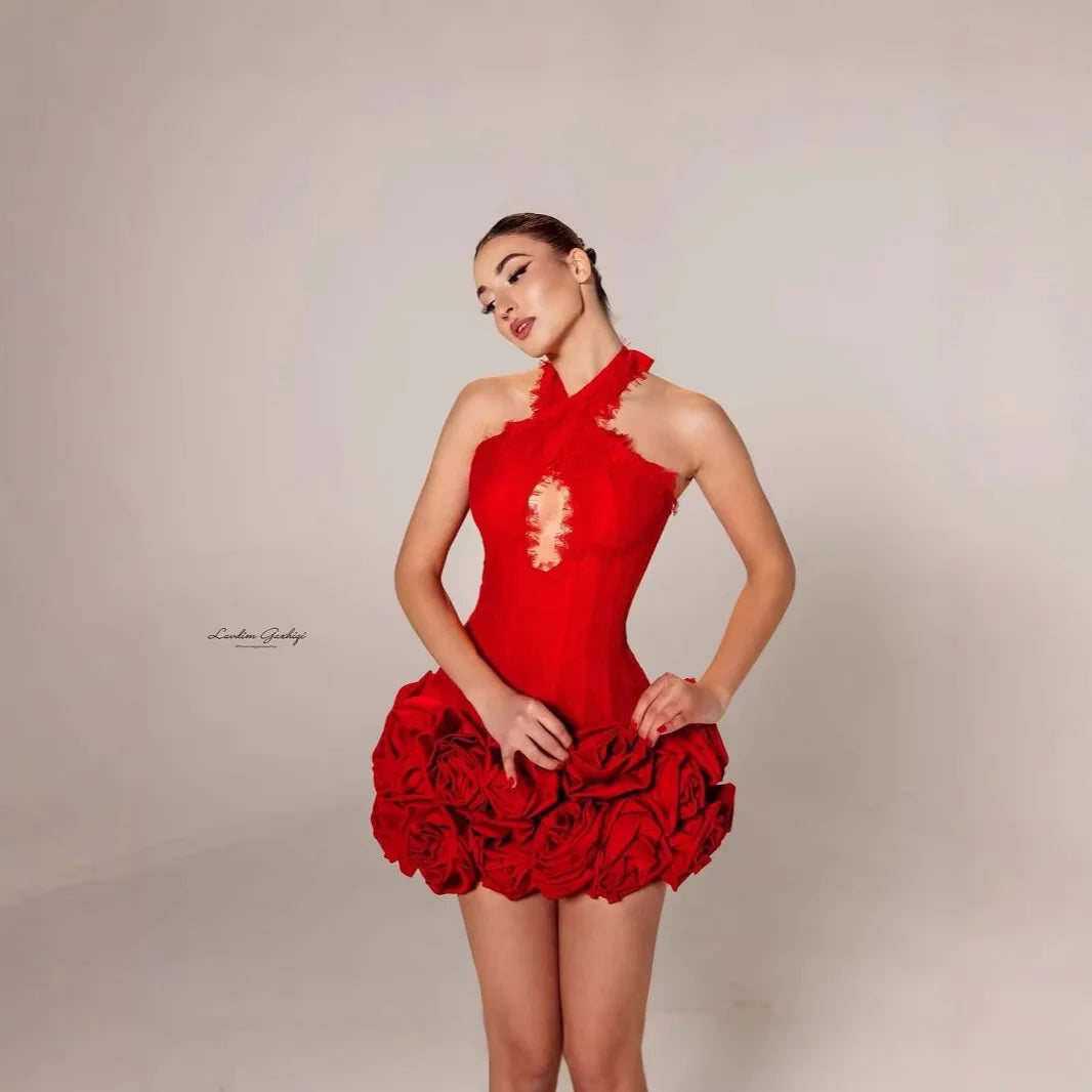 Suffern Elegant Red Funky Halter Neck Bandage Club Bodycon Mini Dress