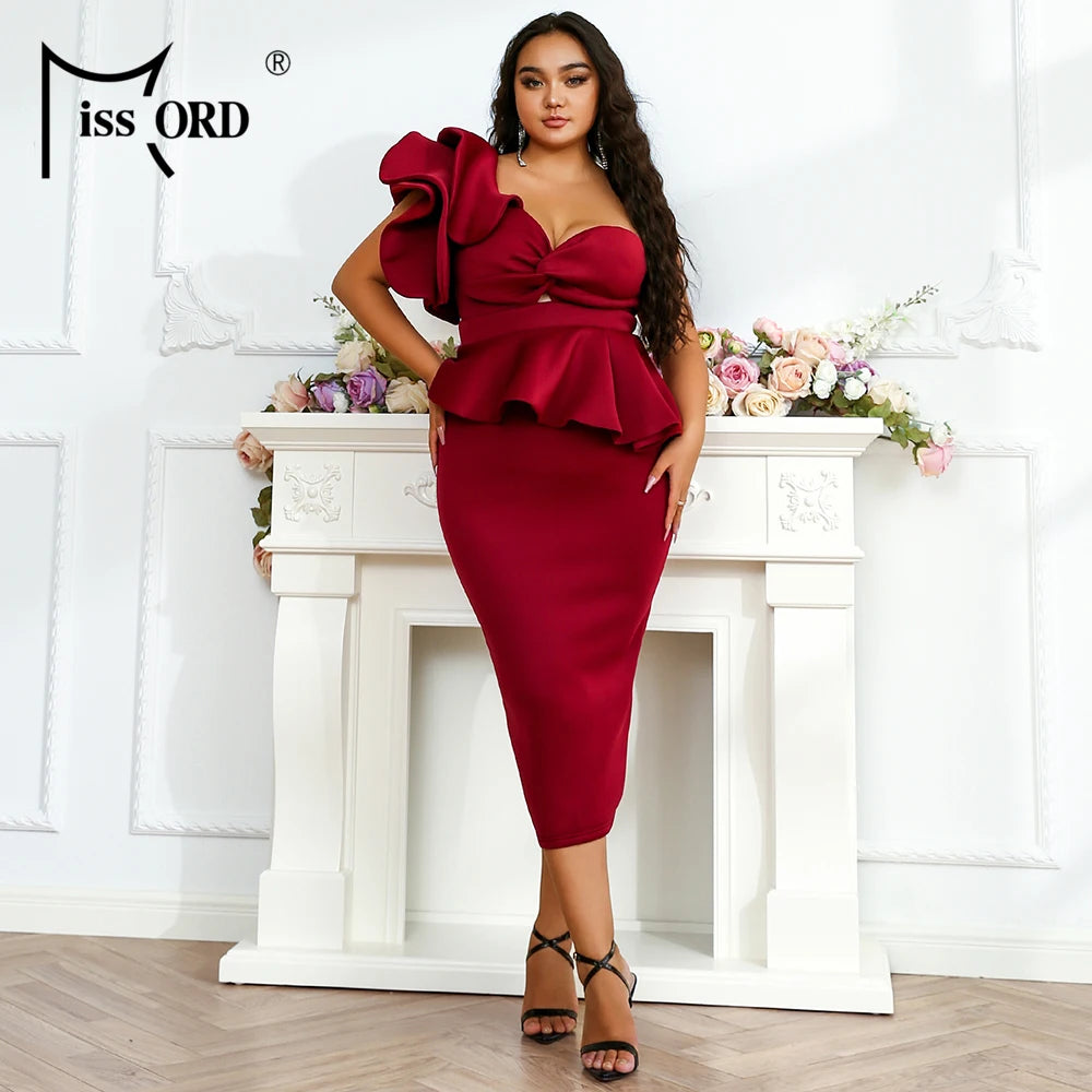 Missoury Red Knitted Midi Plus Size Elegant One Shoulder Sleeveless Ruffles Bodycon Dress